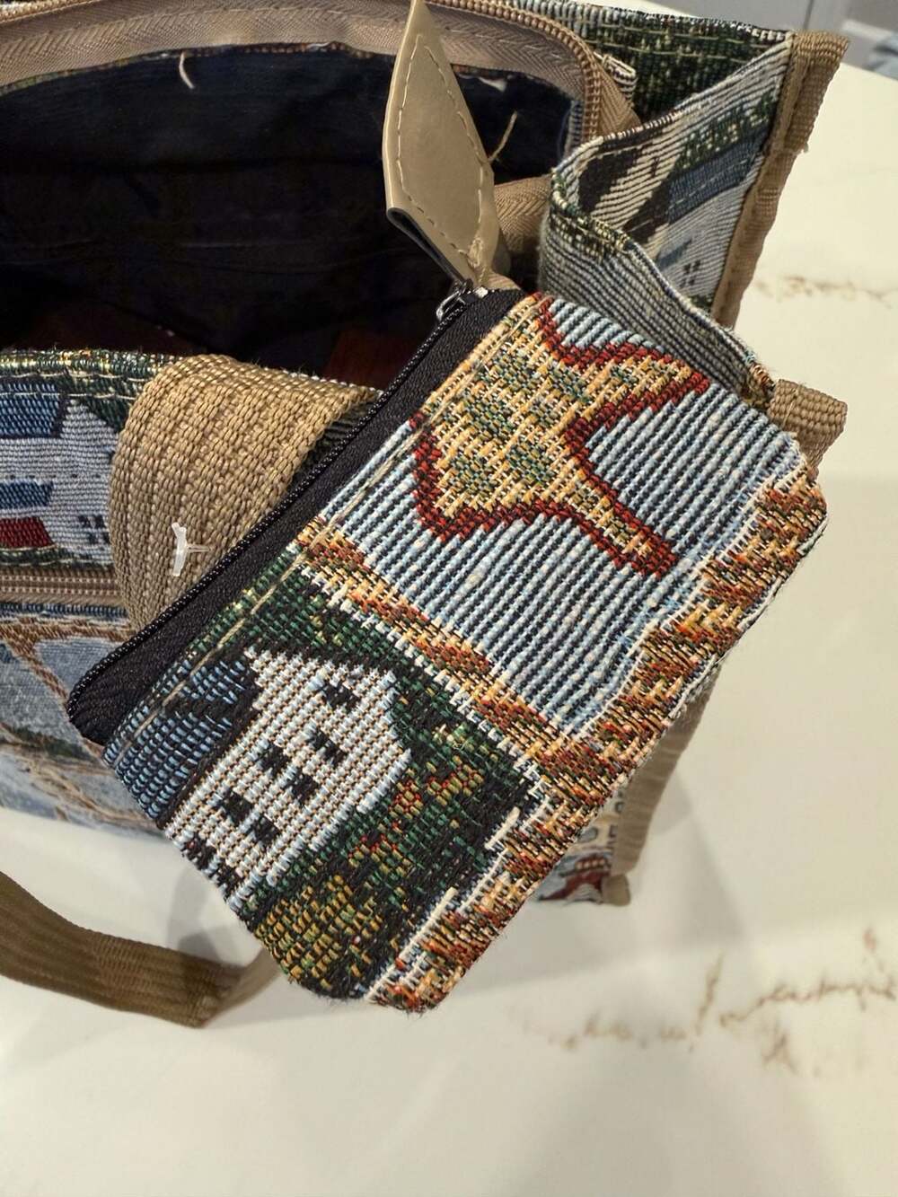 Jade Nautical Lighthouse Woven Tapestry Zippered Tote Bag with Change Purse - Picture 3 of 4